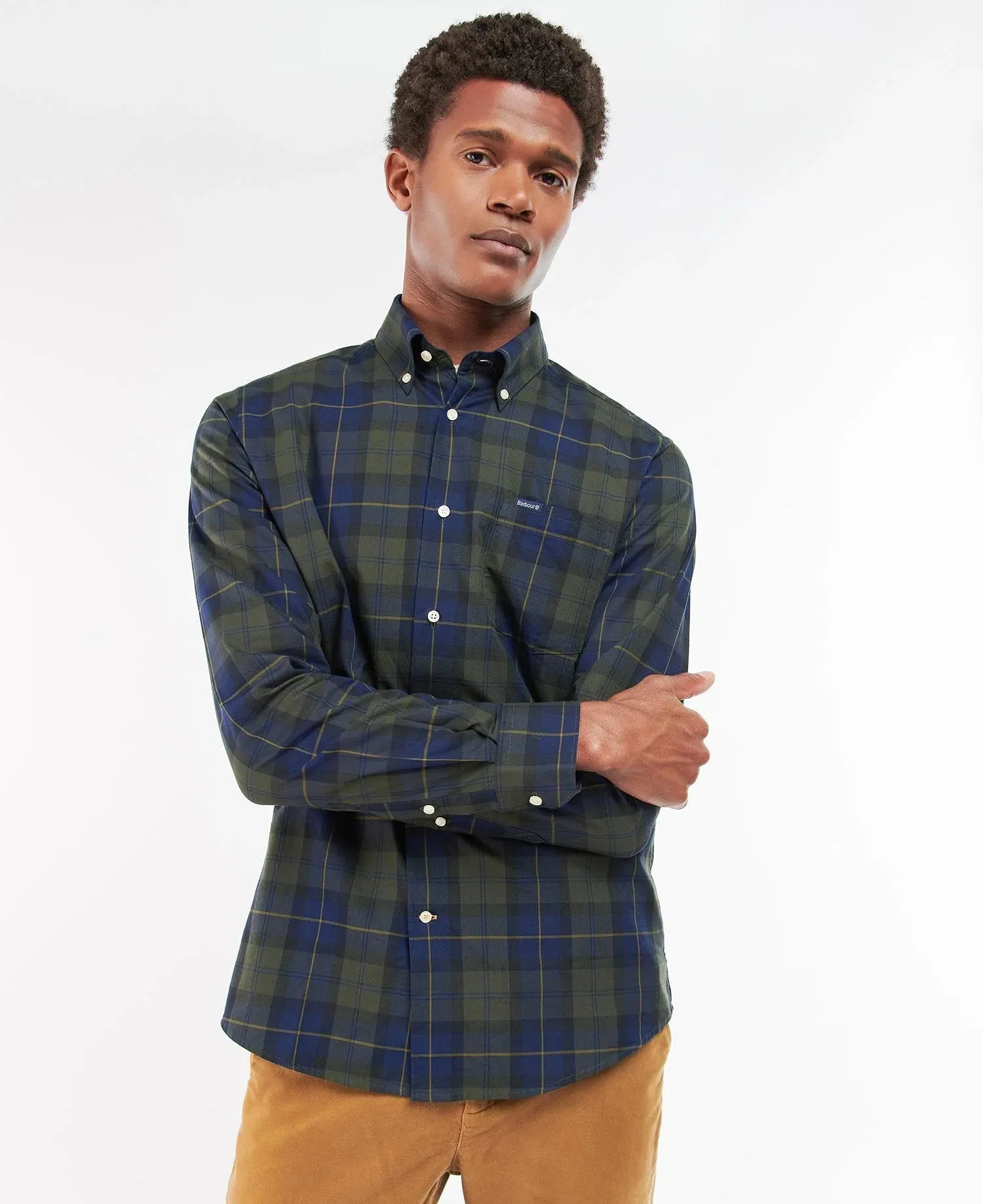 Barbour Wetheram Olive Night Tartan Plaid Button Down Collar Shirt in Tailored Fit