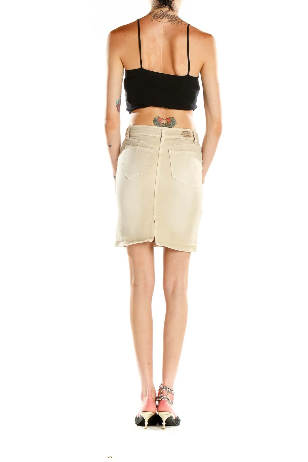 Beige Classic Denim Pencil Skirt