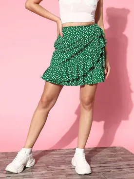 Berrylush Women Green & White Floral Printed Tie-Up High-Rise Waist Ruffled Wrap Mini Skorts