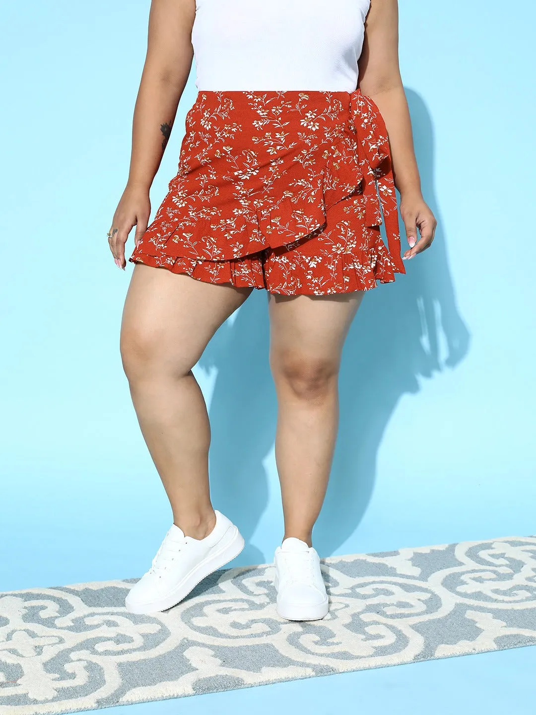 Berrylush Women Plus Size Red & White Floral Printed Tie-Up High-Rise Waist Ruffled Wrap Mini Skorts