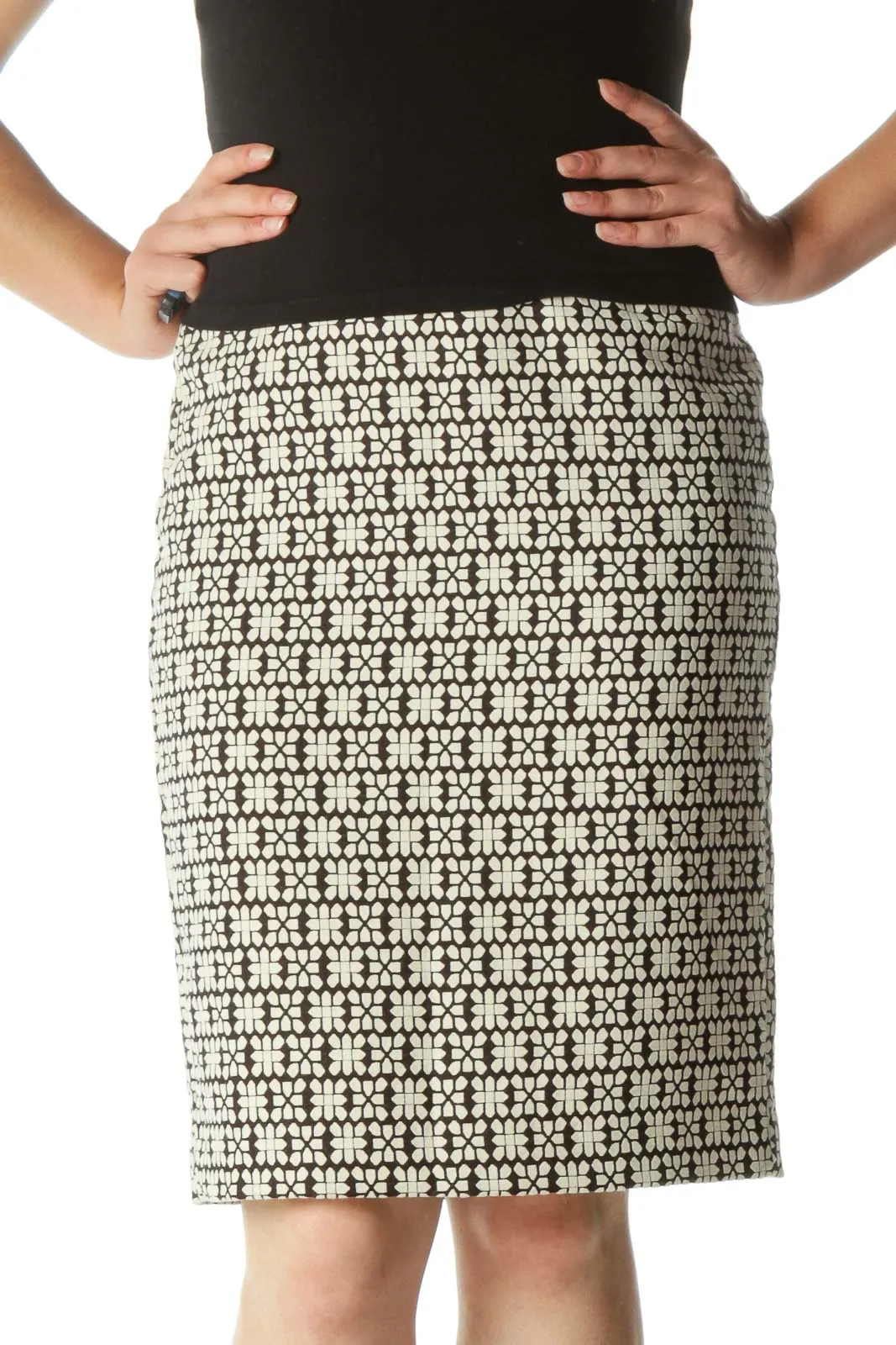 Black and Cream Print Pencil Skirt