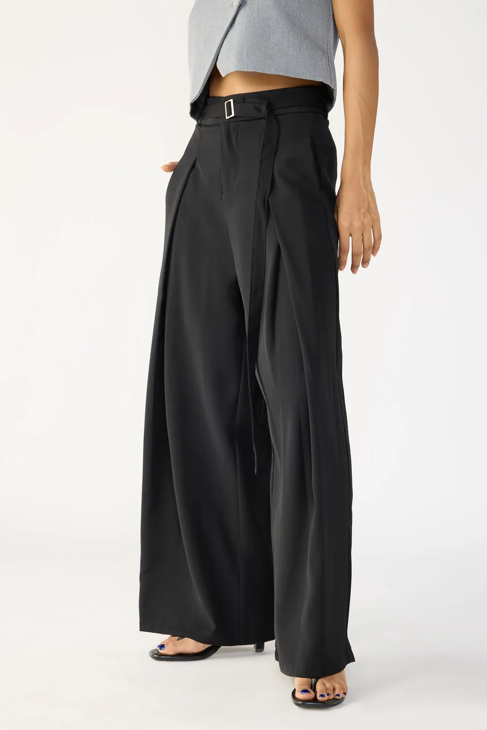 Black Belted Flared Korean Pants