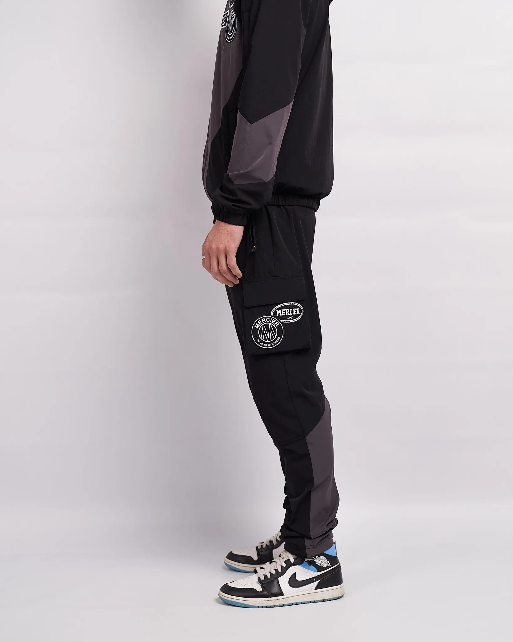 Black Grey Mono Badge Panelled Cargos