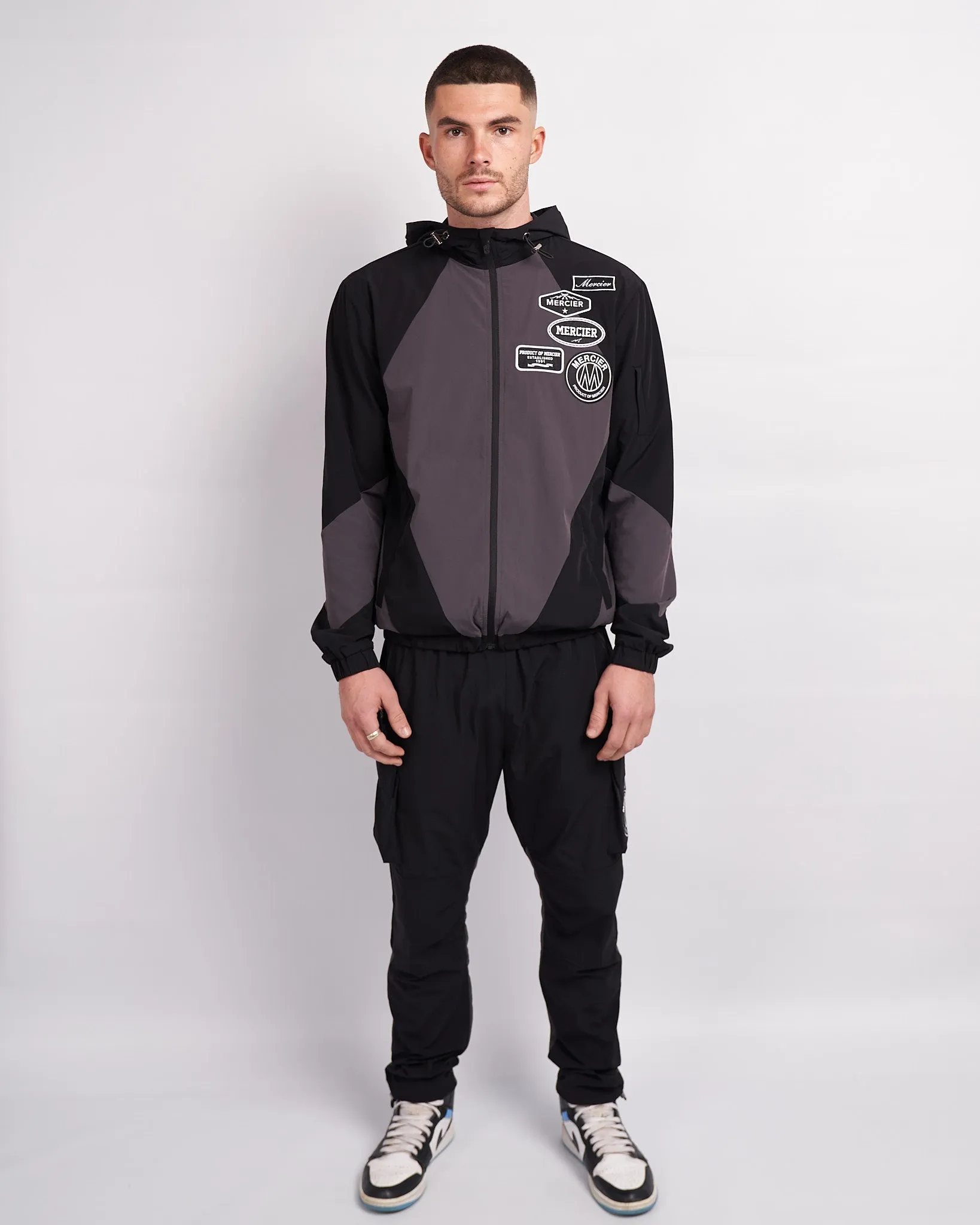 Black Grey Mono Badge Panelled Cargos