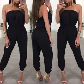 Black Off Shoulder High Waist Elastic Ankle Jumpsuits