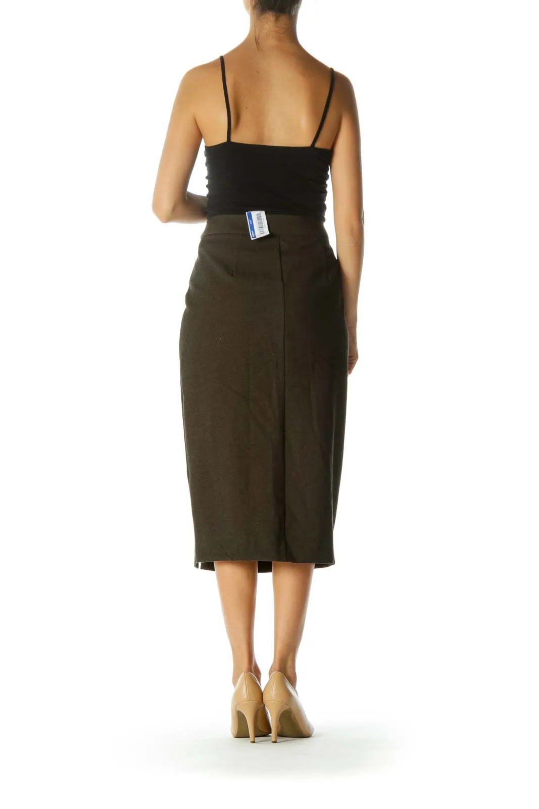 Black Olive Green Zipper Detail Pencil Textured Midi Skirt