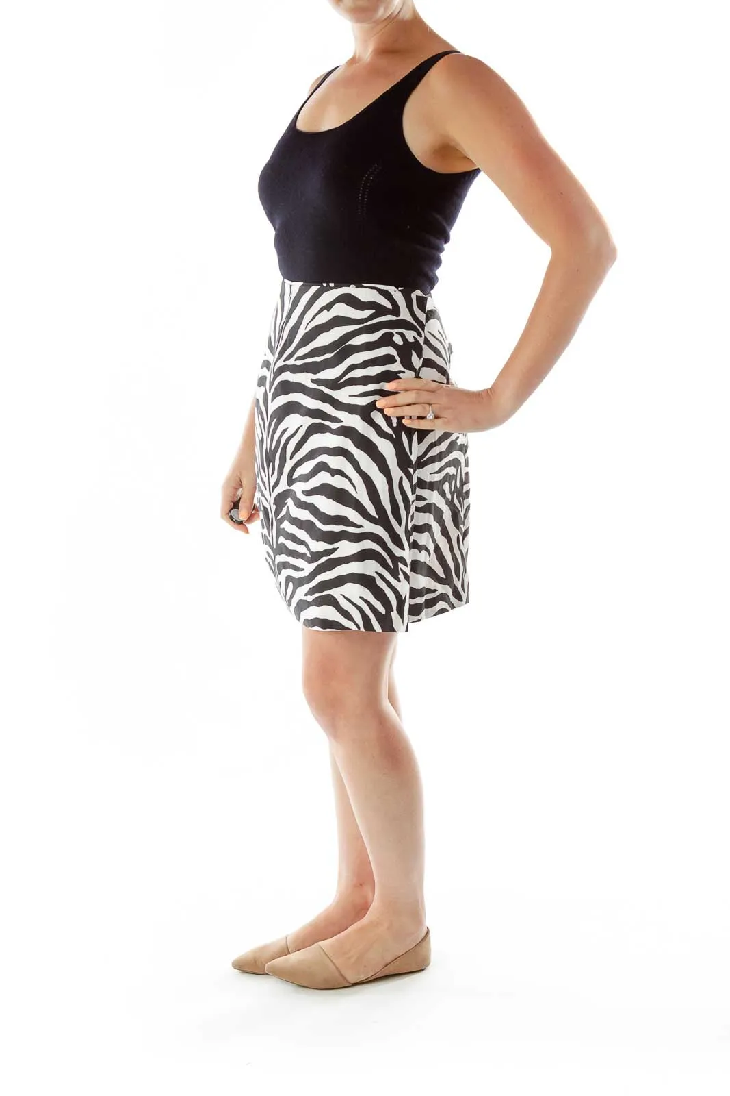 Black White Silk Zebra Wrap Pencil Skirt