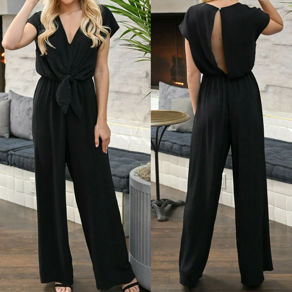 Black Wide Leg Backless V Neck High Waist Jumpsuits