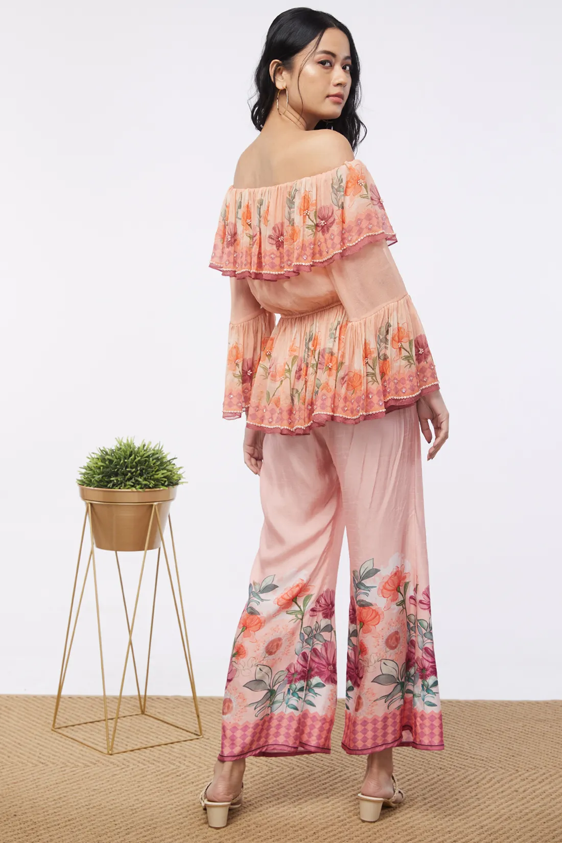 Blooming bud printed Off-Shoulder Embroidered Top With Flared Pants