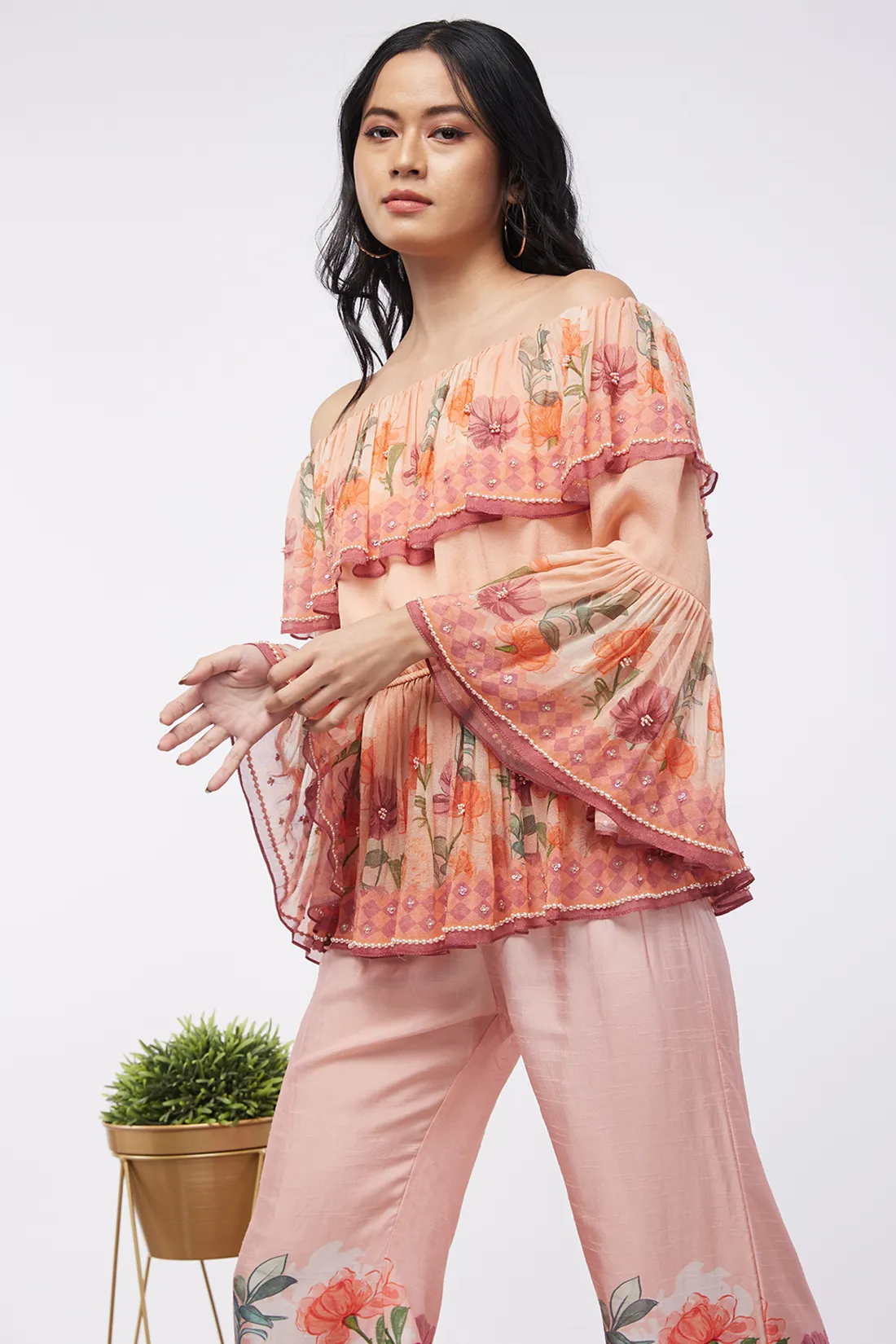 Blooming bud printed Off-Shoulder Embroidered Top With Flared Pants