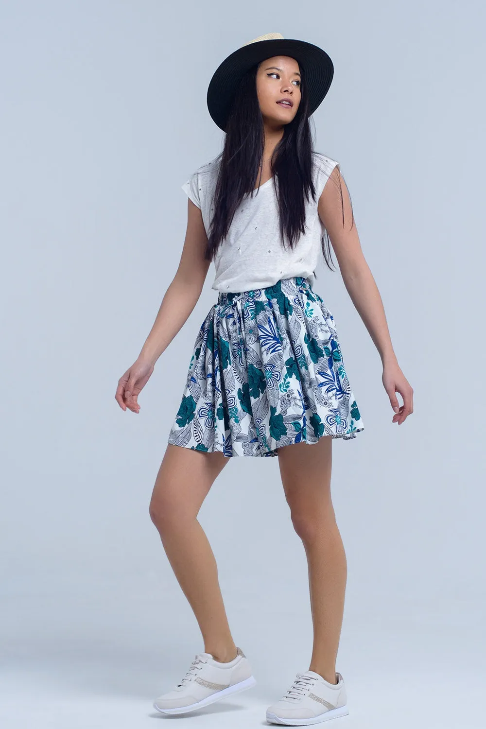 Blue mini skorts with floral print