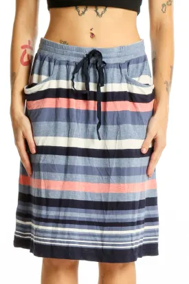 Blue Striped Drawstring Midi Skirt