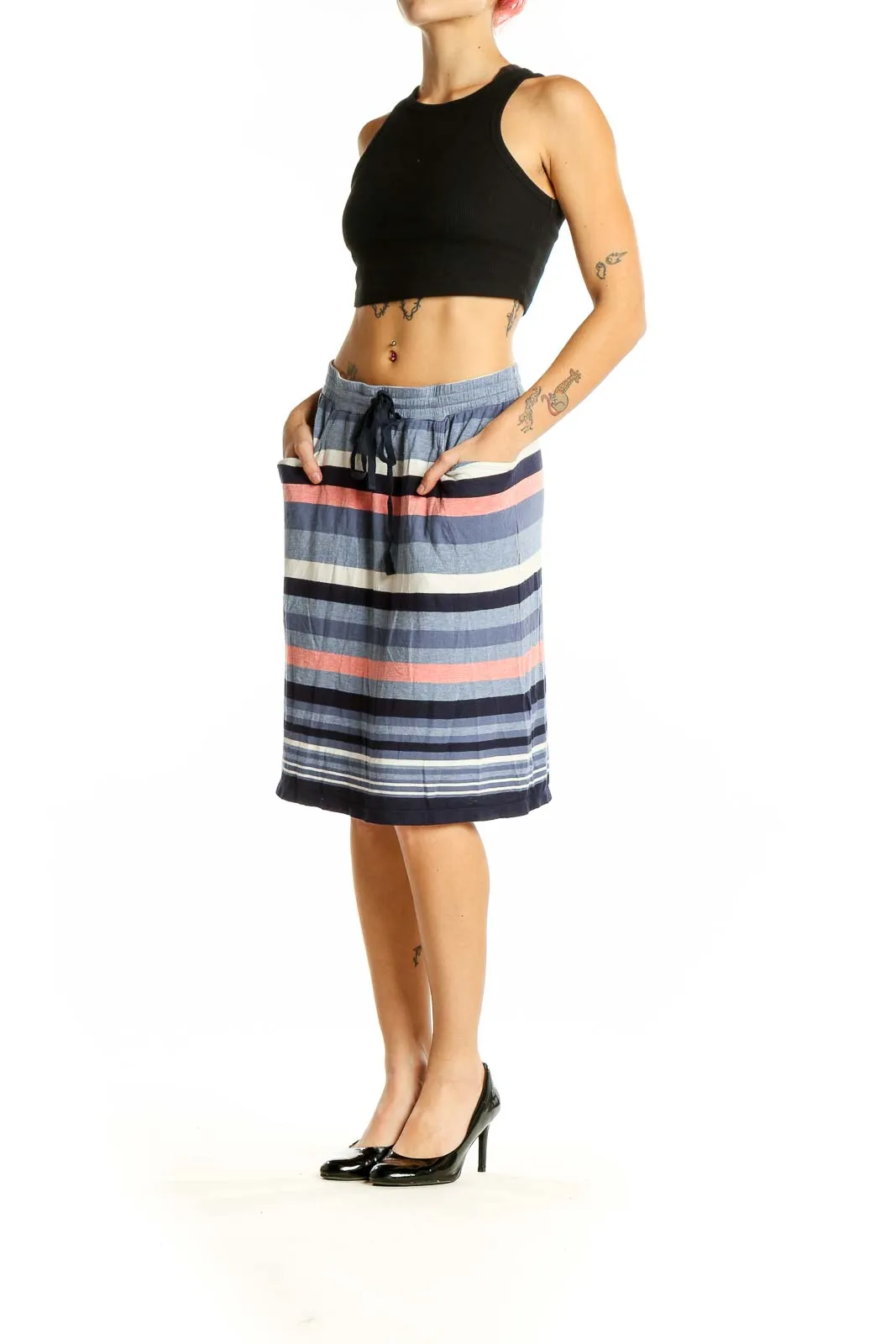 Blue Striped Drawstring Midi Skirt