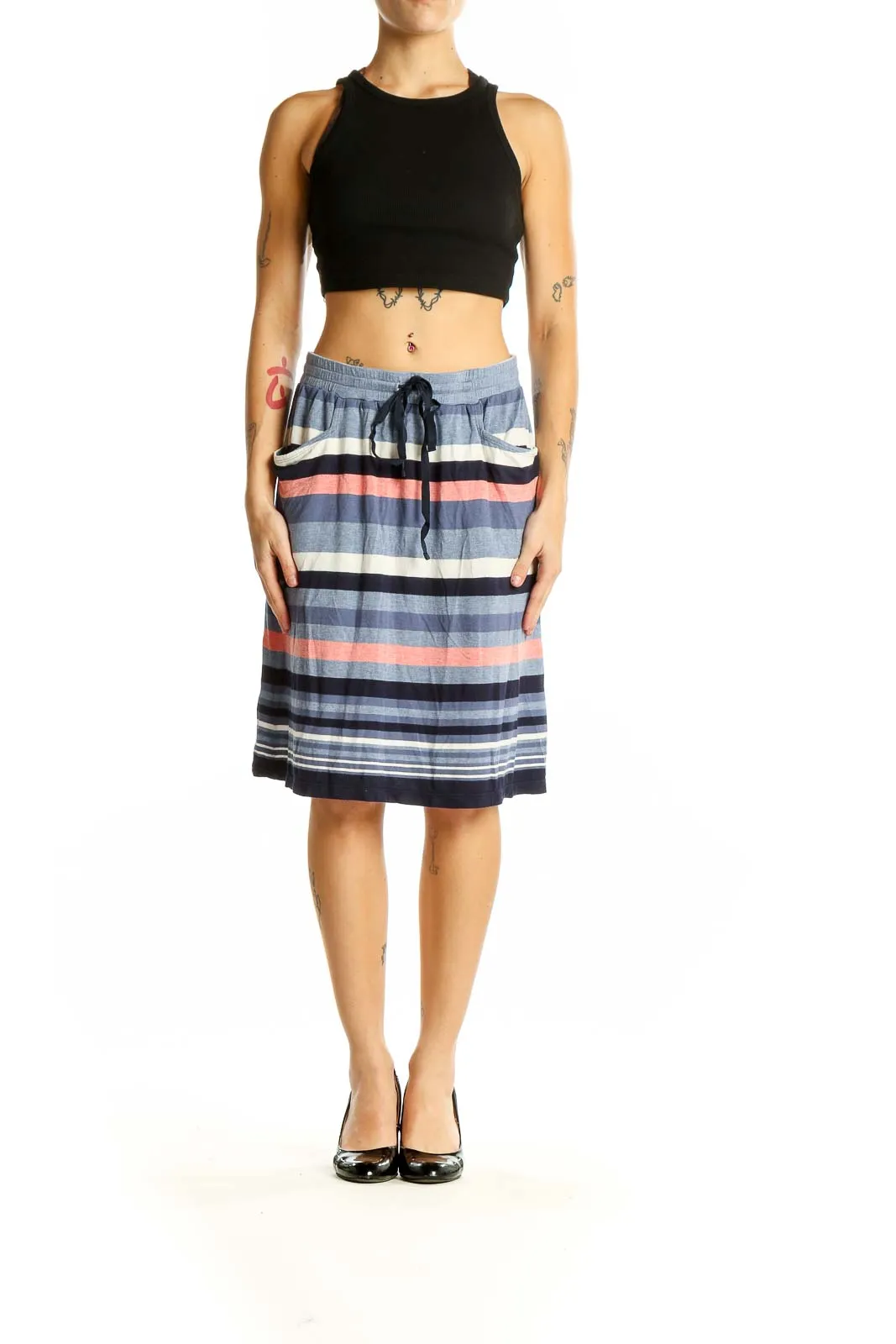 Blue Striped Drawstring Midi Skirt