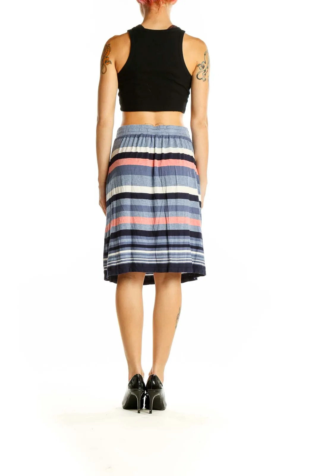 Blue Striped Drawstring Midi Skirt