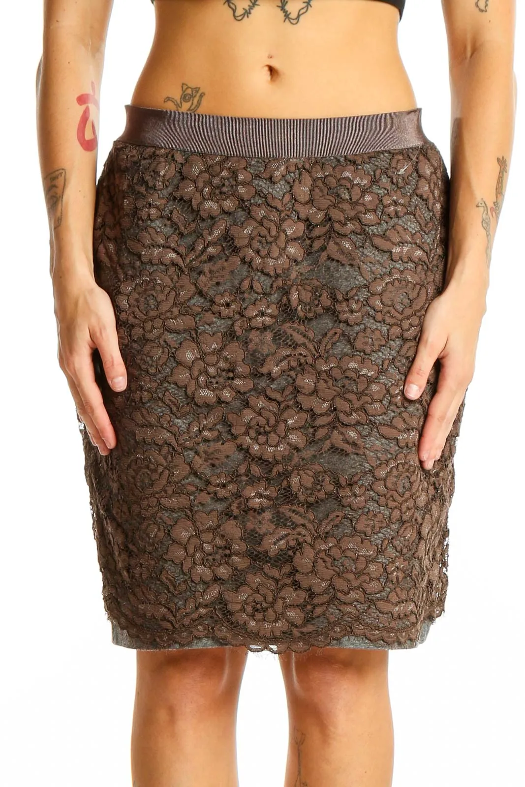 Brown Lace Pencil Skirt