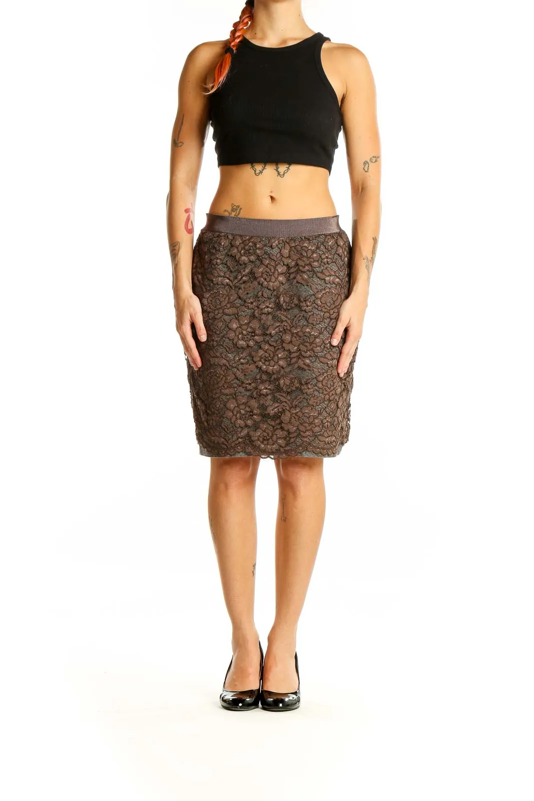 Brown Lace Pencil Skirt