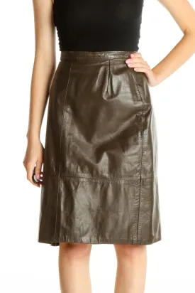 Brown Solid Brunch A-Line Leather Skirt