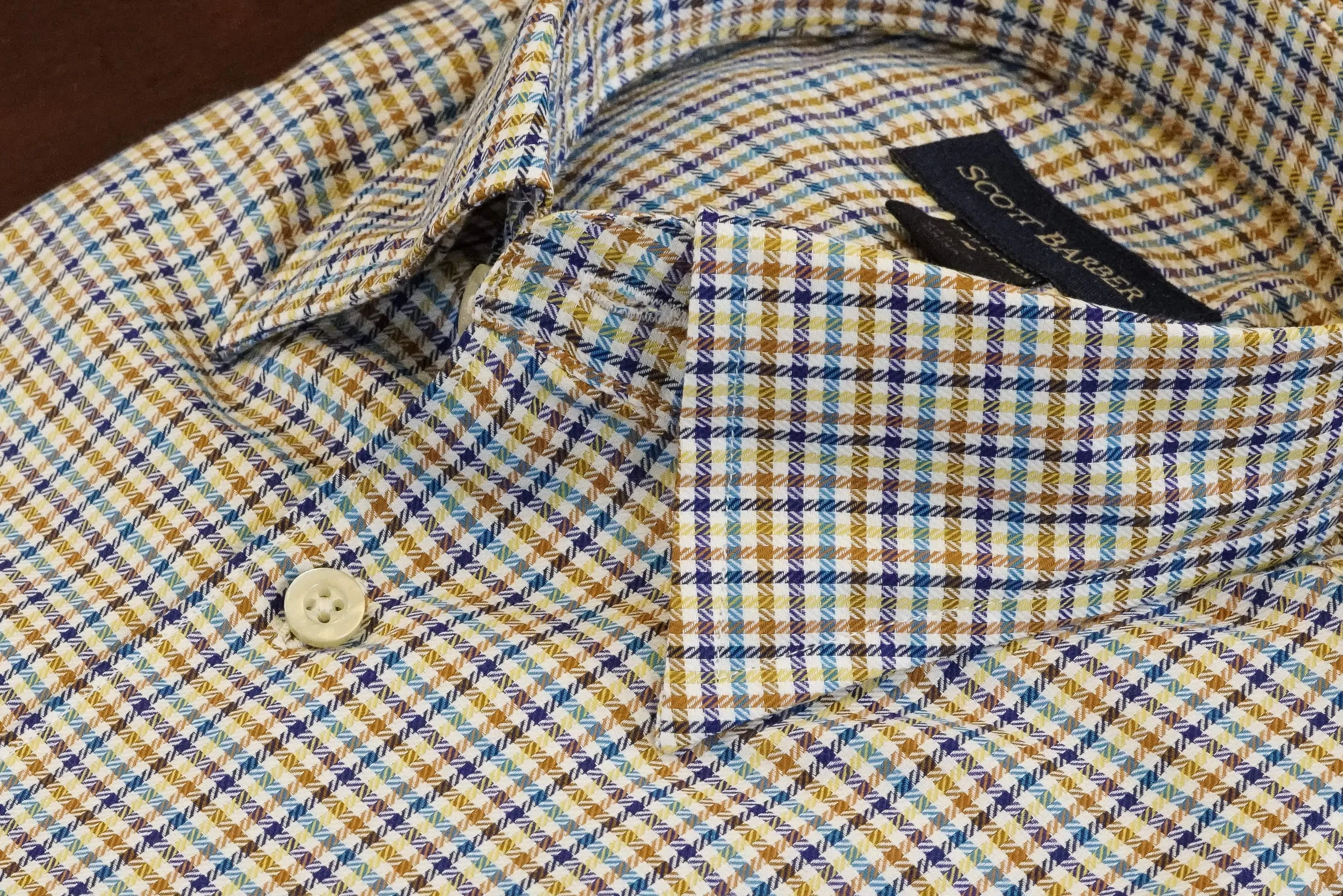 Camel and Blue Multi Check Hidden Button Down Sport Shirt by Scott Barber