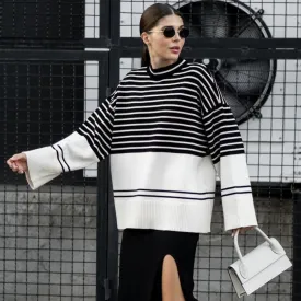 Chic High Neck Drop Shoulder Black And Beige Striped Sweater