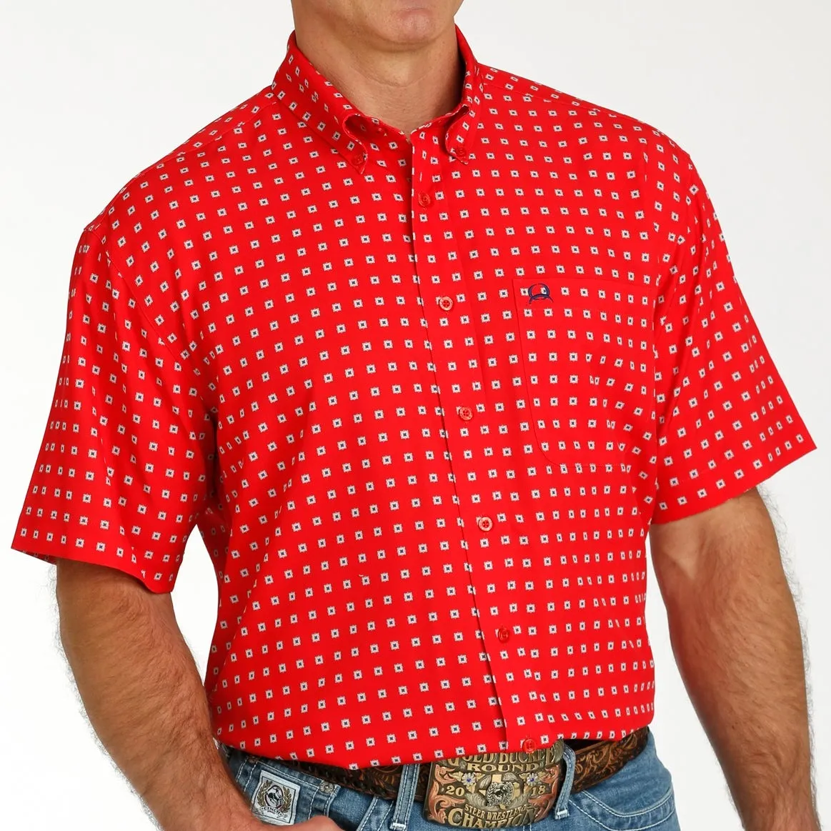 Cinch Men's S/S Arenaflex Geometric Square Western Button Down Shirt in Red