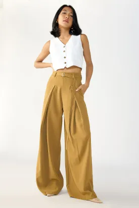 Clay Brown Belted Flared Korean Pants