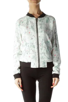 Cream Green Pink Floral Print Bomber Jacket