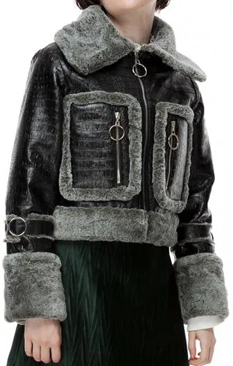 Crocodile Effect Faux-Leather Bomber Jacket with Fur Trim