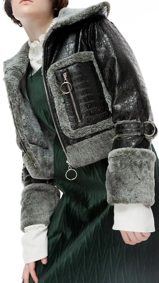 Crocodile Effect Faux-Leather Bomber Jacket with Fur Trim