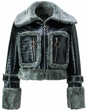 Crocodile Effect Faux-Leather Bomber Jacket with Fur Trim