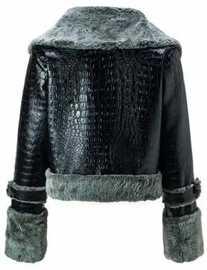 Crocodile Effect Faux-Leather Bomber Jacket with Fur Trim