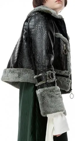 Crocodile Effect Faux-Leather Bomber Jacket with Fur Trim