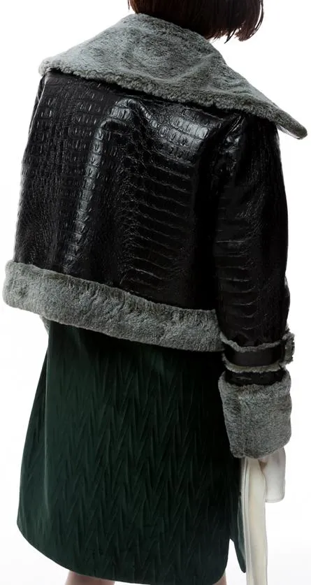 Crocodile Effect Faux-Leather Bomber Jacket with Fur Trim