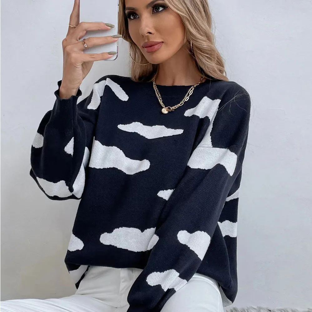 Cute Crew Neck Cloud Jacquard Knit Black Oversized Pullover Sweater