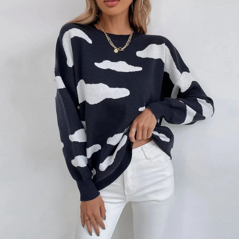 Cute Crew Neck Cloud Jacquard Knit Black Oversized Pullover Sweater