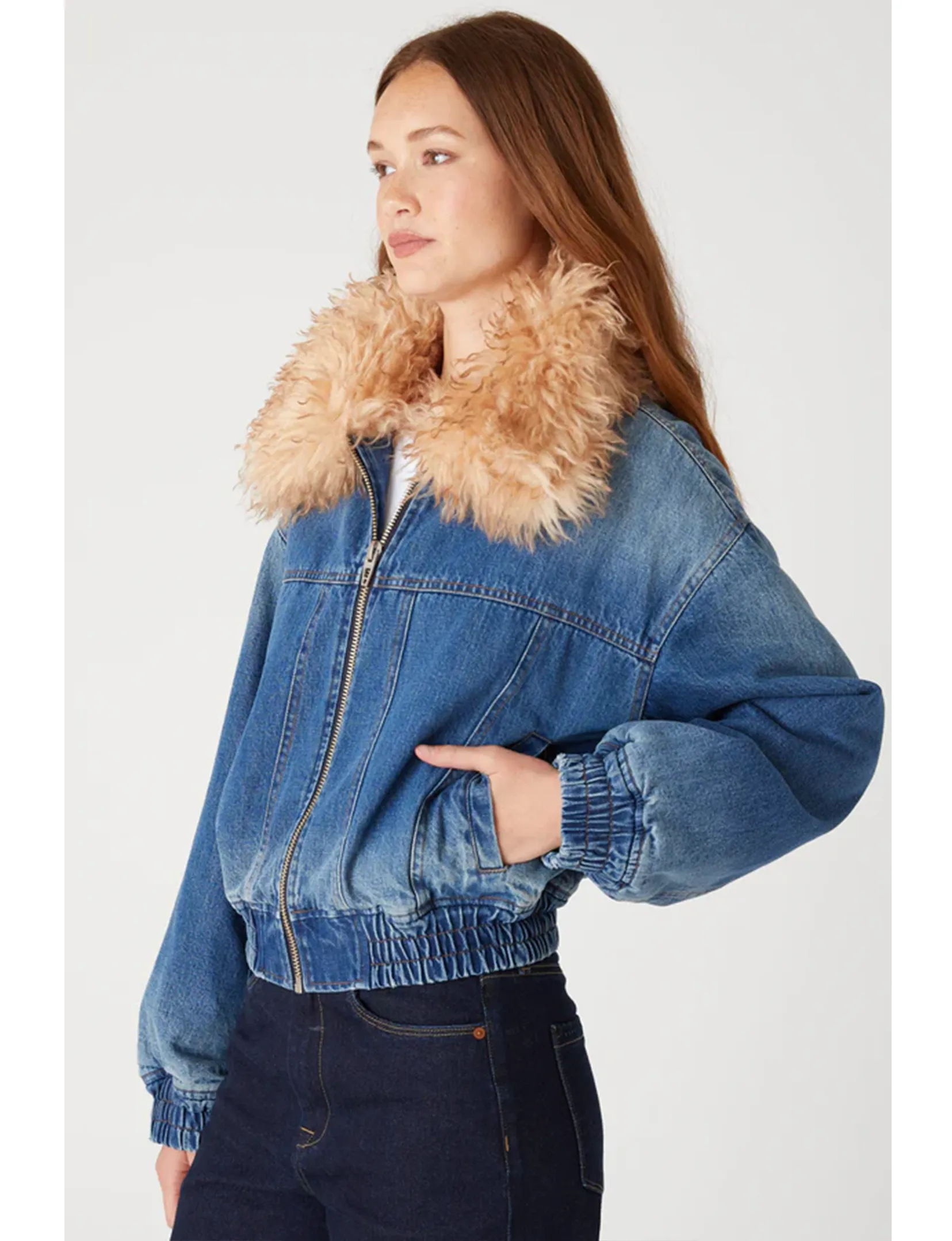 Denim Bomber Jacket, Cozy Up