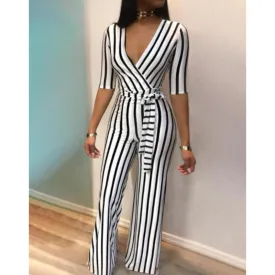 Elegant V-Neck Striped Women's Jumpsuits