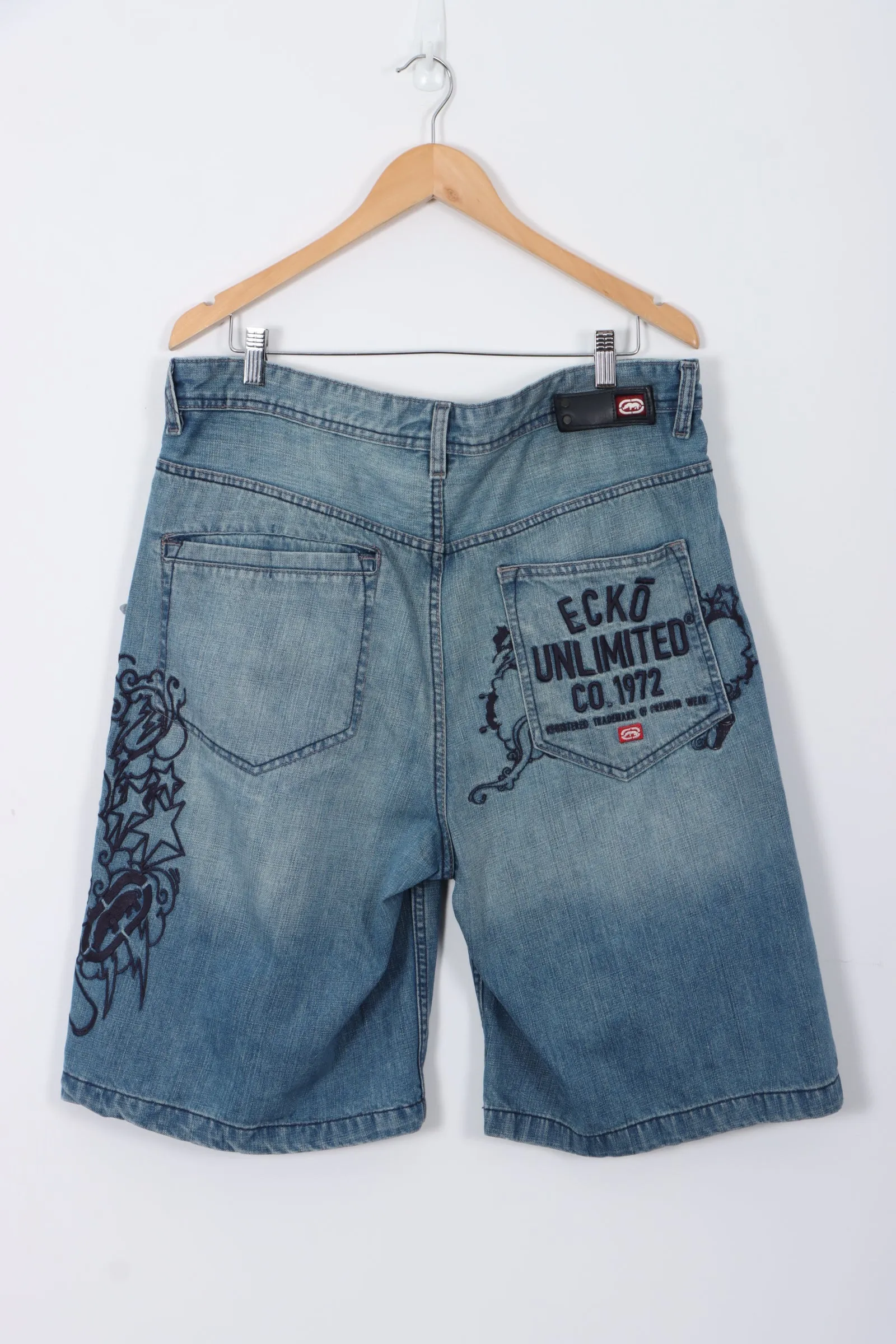 EXCKO UNLTD Embroidered Side Design Denim 'Baggy Fit' Shorts (36)