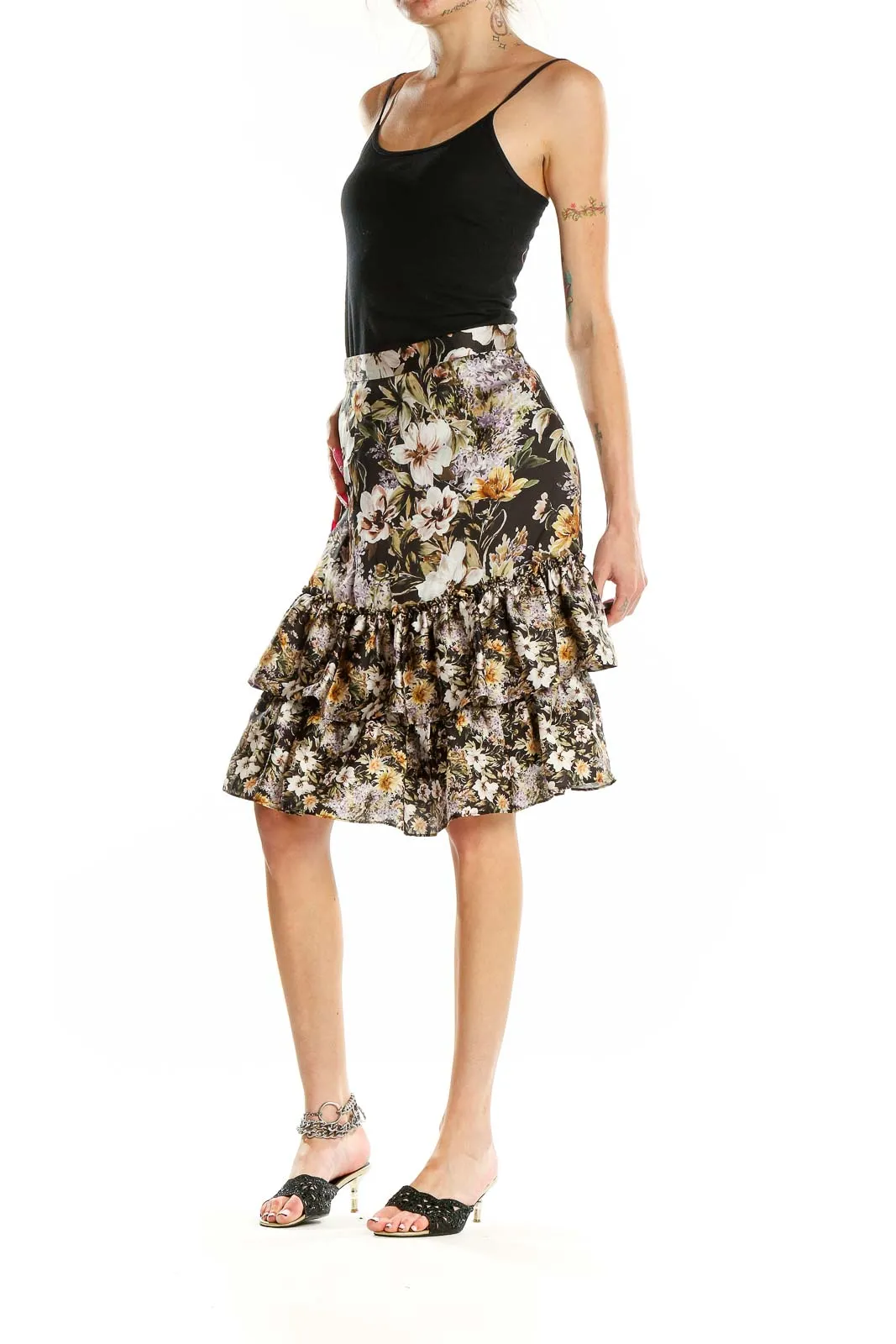 Floral Ruffled Tiered Midi Skirt