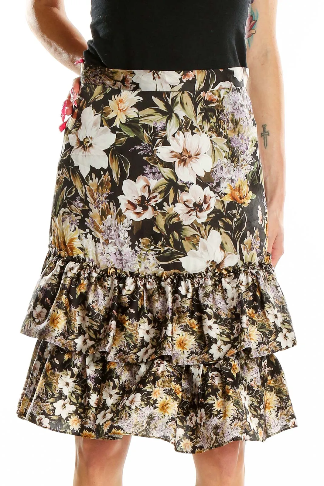 Floral Ruffled Tiered Midi Skirt