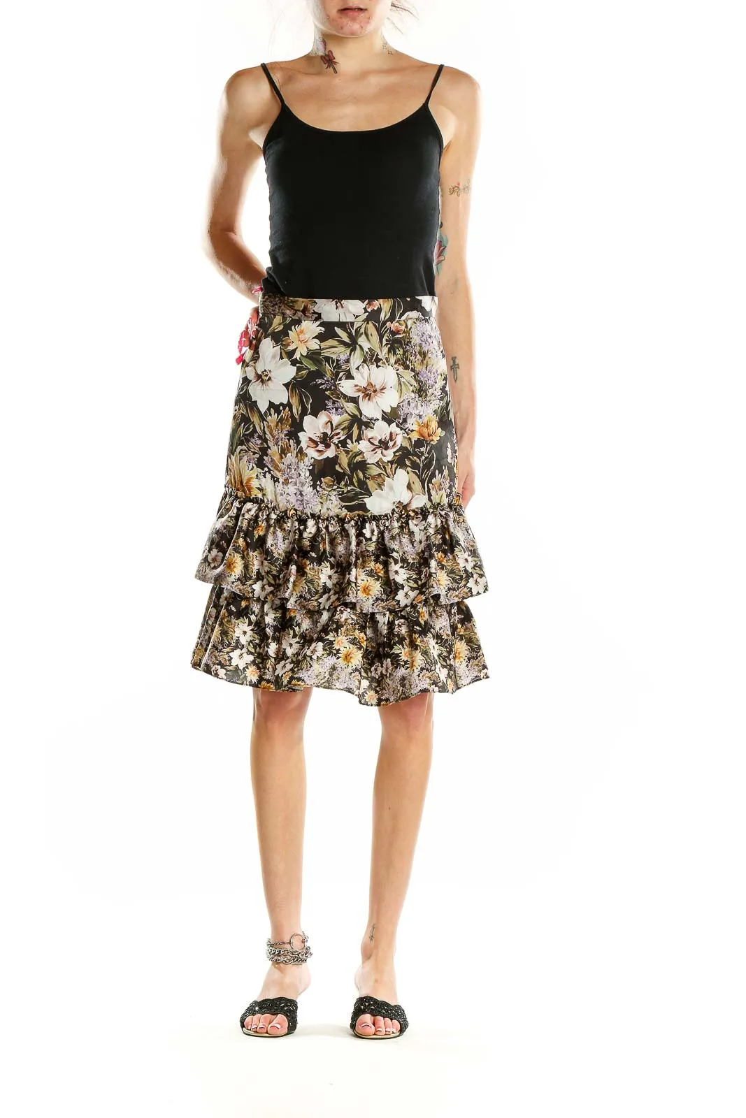 Floral Ruffled Tiered Midi Skirt