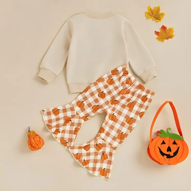 Halloween Pumpkin Plaid Flared Pants Baby Set