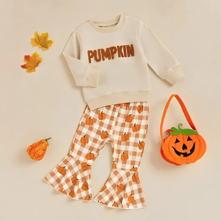 Halloween Pumpkin Plaid Flared Pants Baby Set