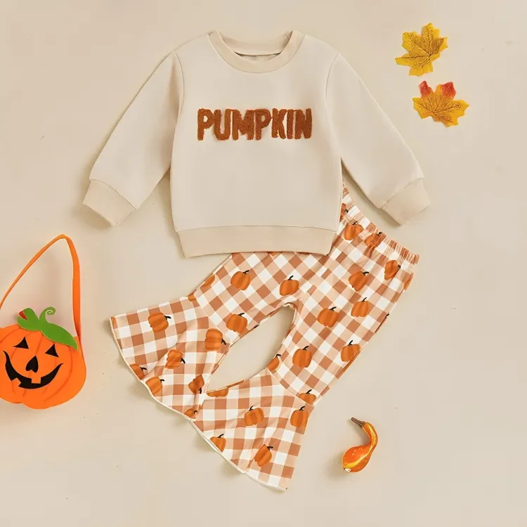 Halloween Pumpkin Plaid Flared Pants Baby Set