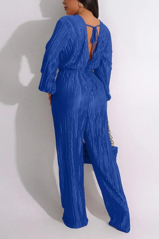 JA017 V neck Pleats Jumpsuits