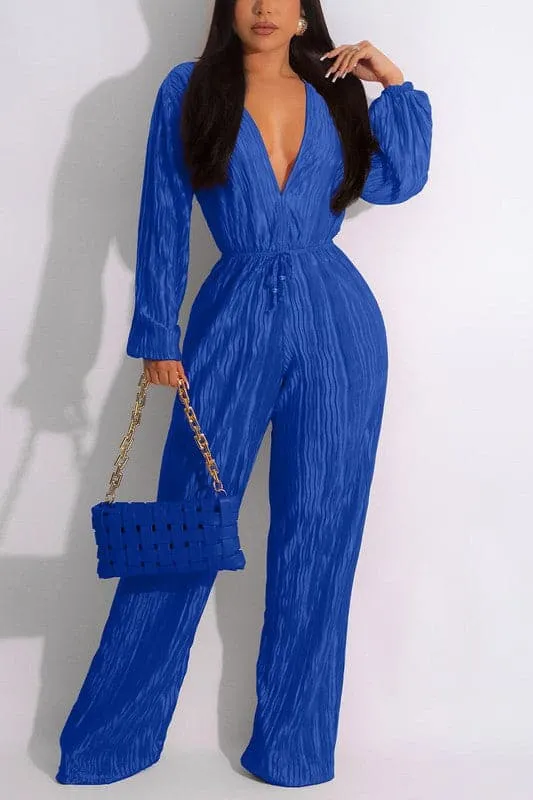 JA017 V neck Pleats Jumpsuits