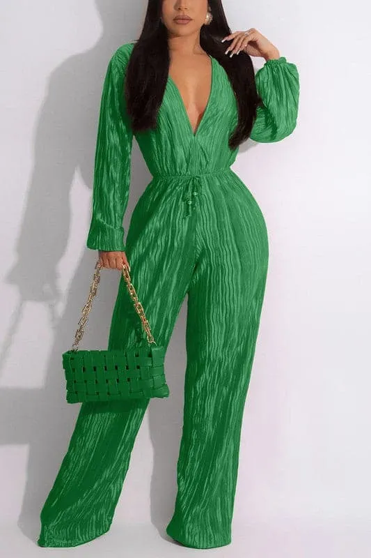 JA017 V neck Pleats Jumpsuits