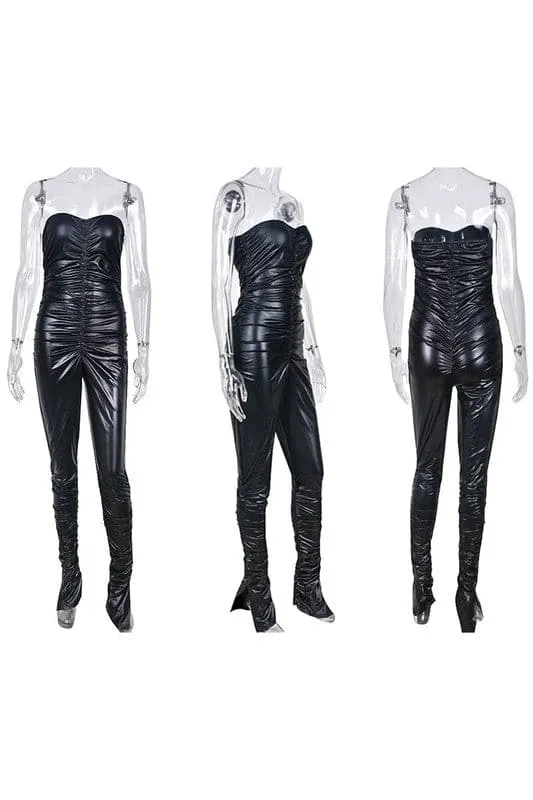 JA018 Ruched Black Vinyl Jumpsuits