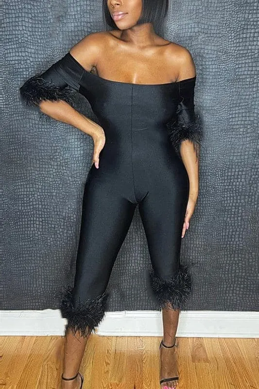 JA364 Off Shoulder Feather Jumpsuits