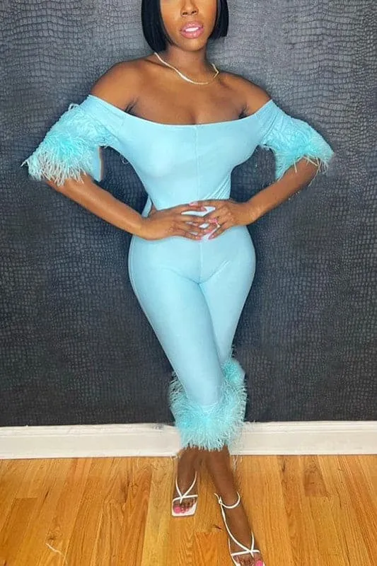 JA364 Off Shoulder Feather Jumpsuits